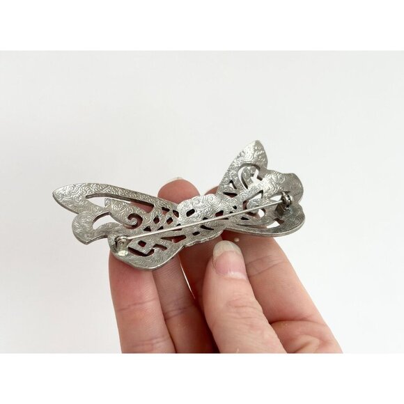 Silver Toned Marcasite Accented XL Ribboned Bow Vintage Brooch Pin - Picture 5 of 10